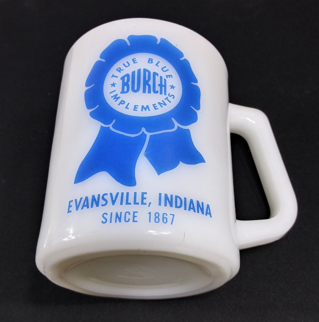 VTG Burch True Blue Farm Implements Coffee Mug Federal Glass Ag Ribbon Logo READ