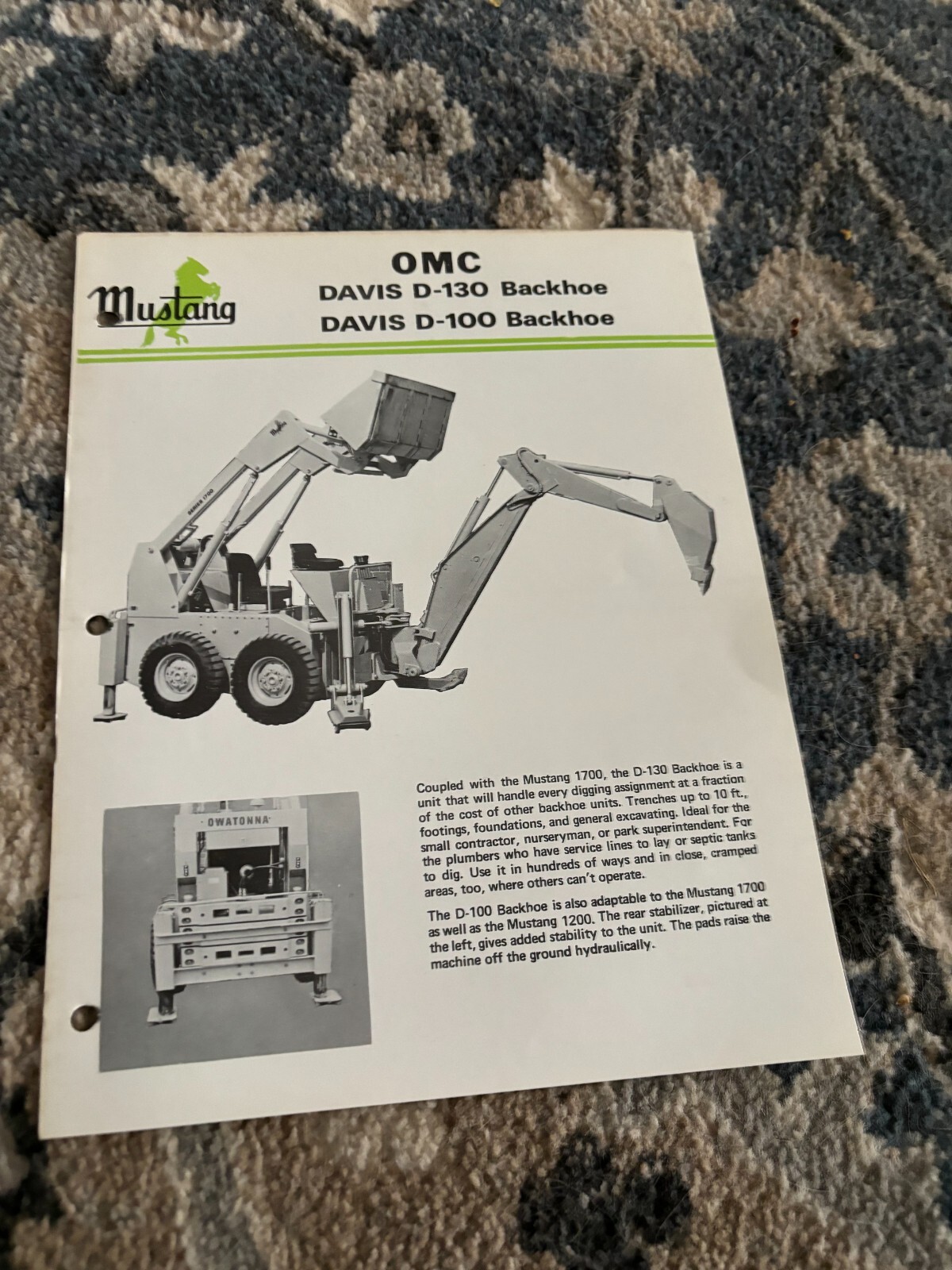 Owatonna Mustang Skid Steer Loader Davis D-130 D-100 Backhoe Brochure FCCA24