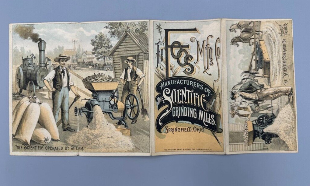 1880s FOOS Mfg SCIENTIFIC MILL Farm Folding Advertise Trade Card SPRINGFIELD OH