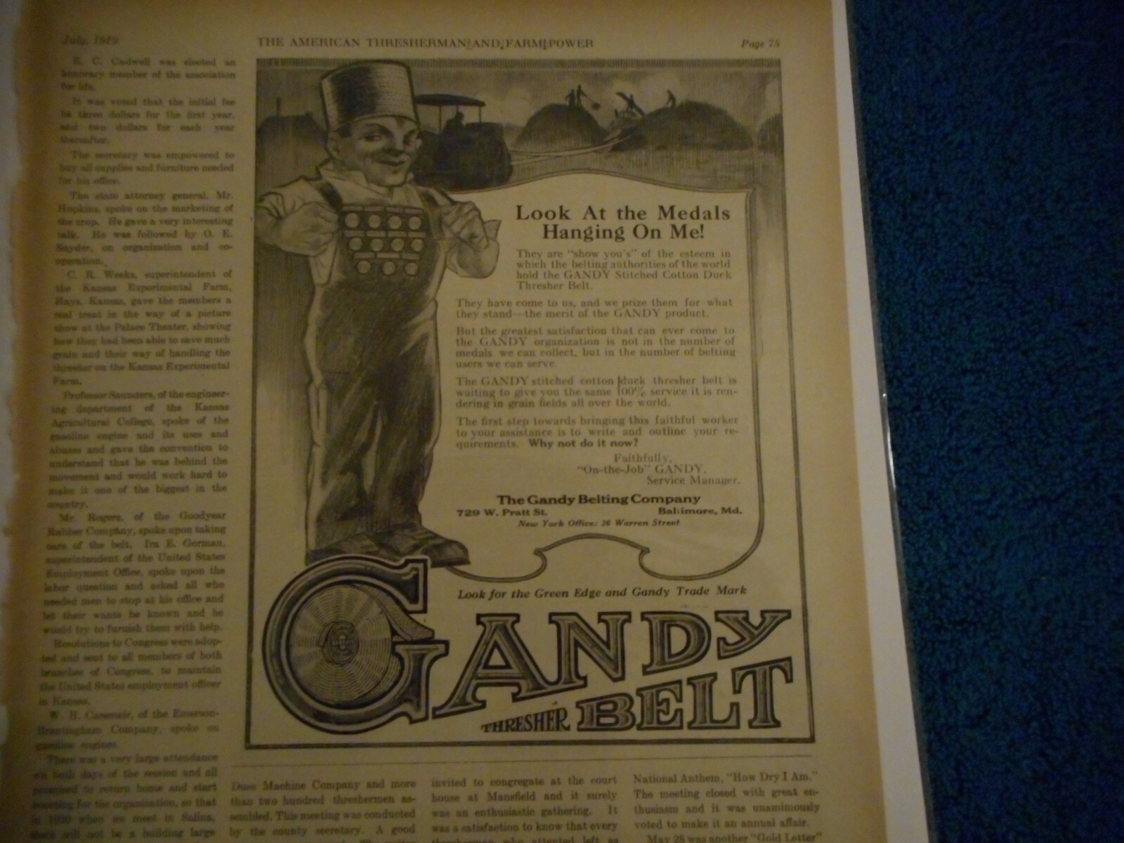 1919 Gandy Threshing Belt Advertisement: The Gandy Belting Co. Baltimore, MD