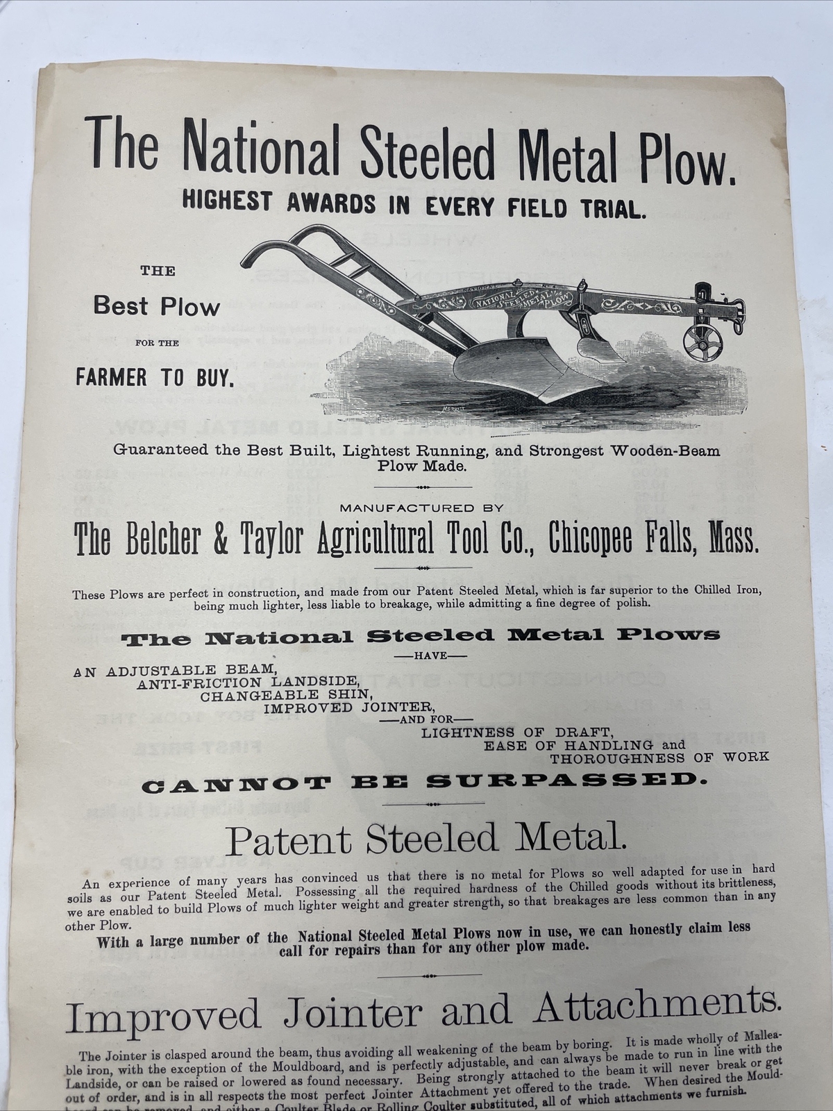 VINTAGE 1889 NATIONAL STEELED METAL PLOW ADVERTISEMENT
