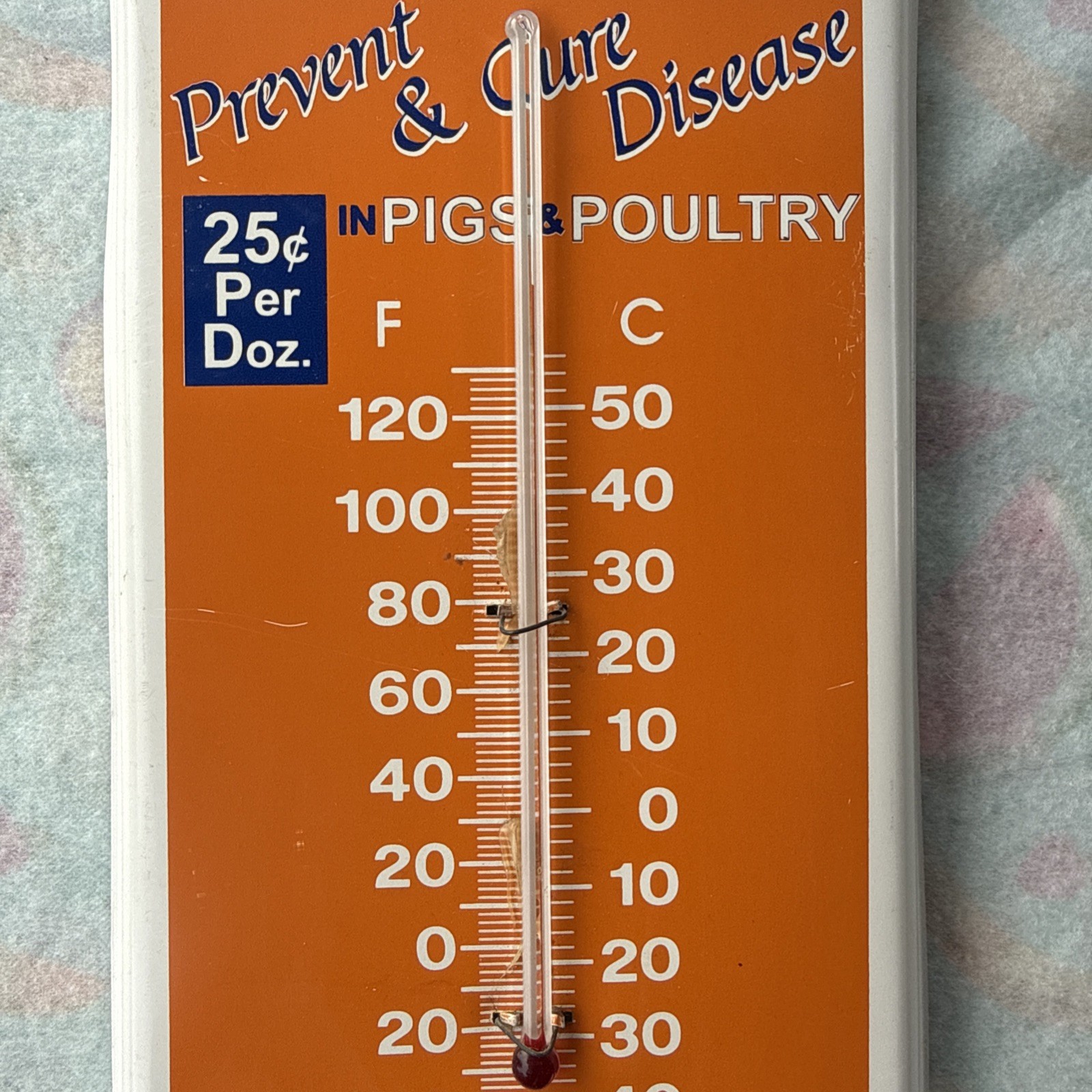Vintage Pruett’s Pig Powders 16” Metal Taylor Thermometer -Tin Farm Sign!