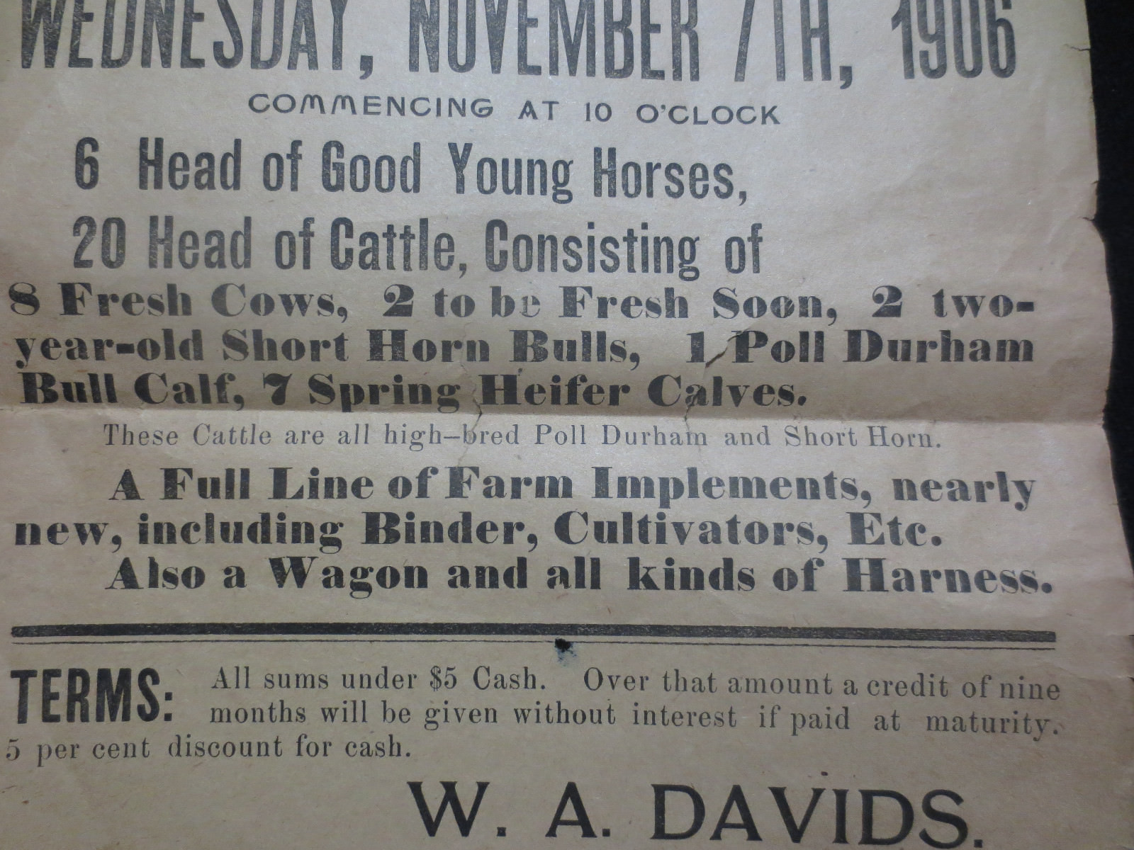HUTSONVILLE ILLINOIS FARM AUCTION ADVERTISING BROADSIDE 1906 W.A. DAVIS OWNER