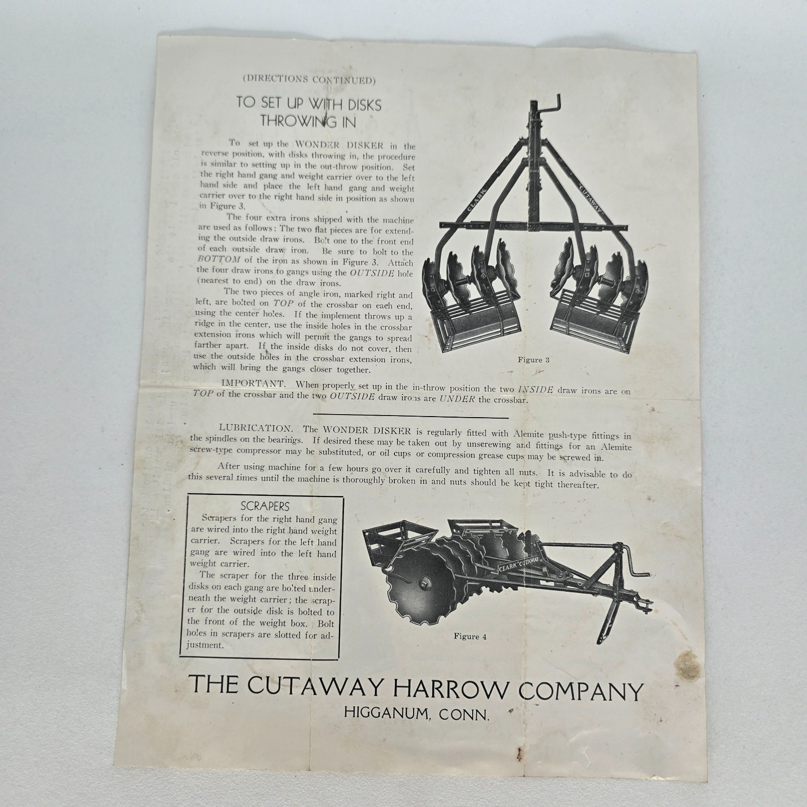 1930s Clark Cutaway Harrow Wonder Disker Instruction Sheet Farm Implement Disk