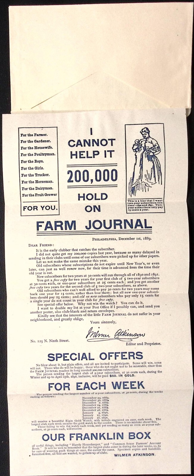 1889 Farm Journal Print Ad Mailer PHILADELPHIA PA Agricultural Publication