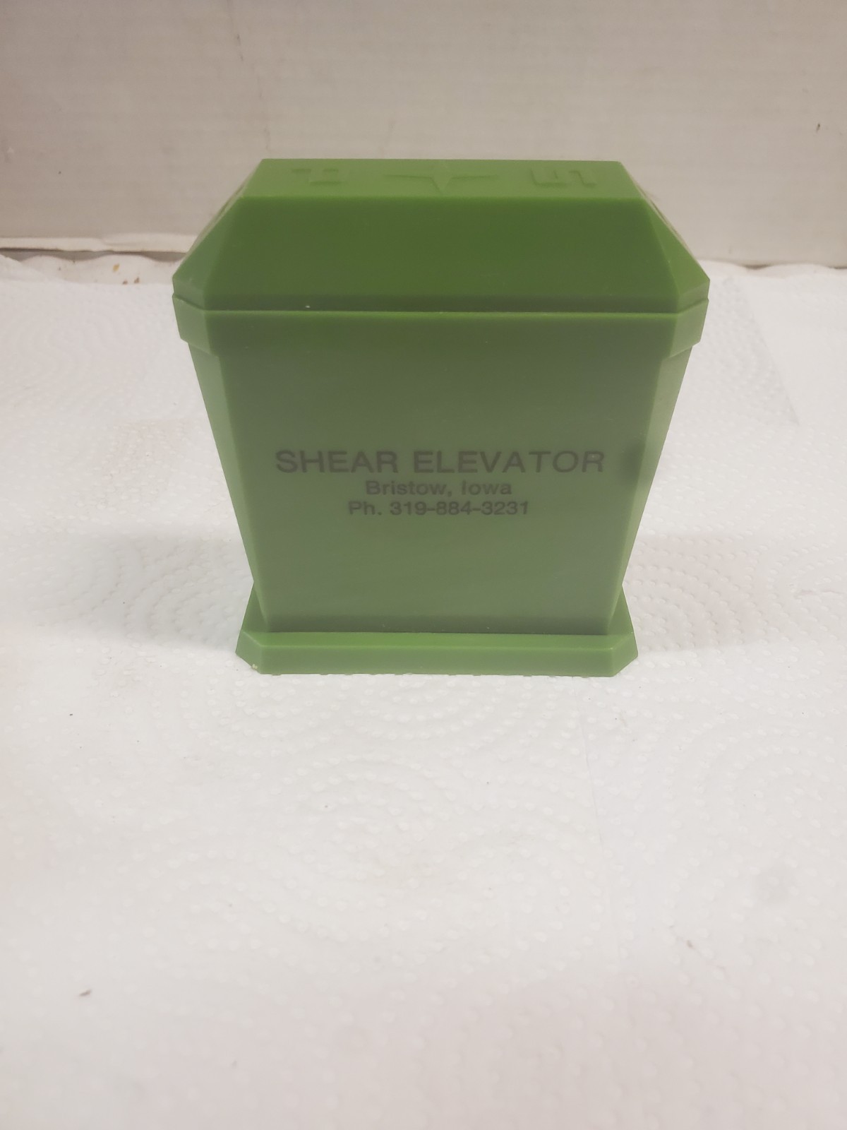 Green Plastic Salt & Pepper Shaker Shear Elevator Bristow Iowa Grain Feed