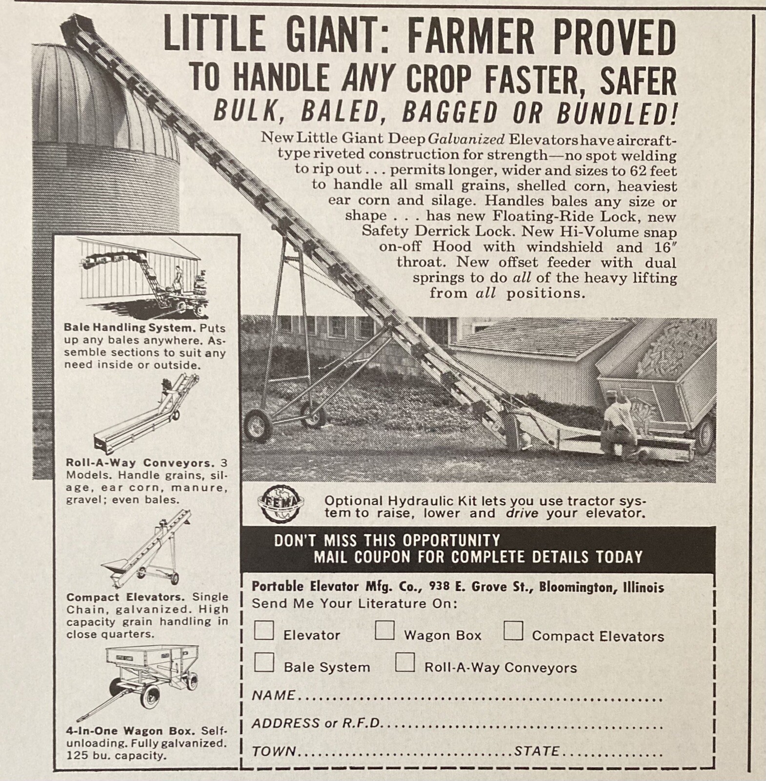 1962 AD.(XH20)~PORTABLE ELEVATOR MFG. CO. BLOOMINGTON, IL. LITTLE GIANT ELEVATOR