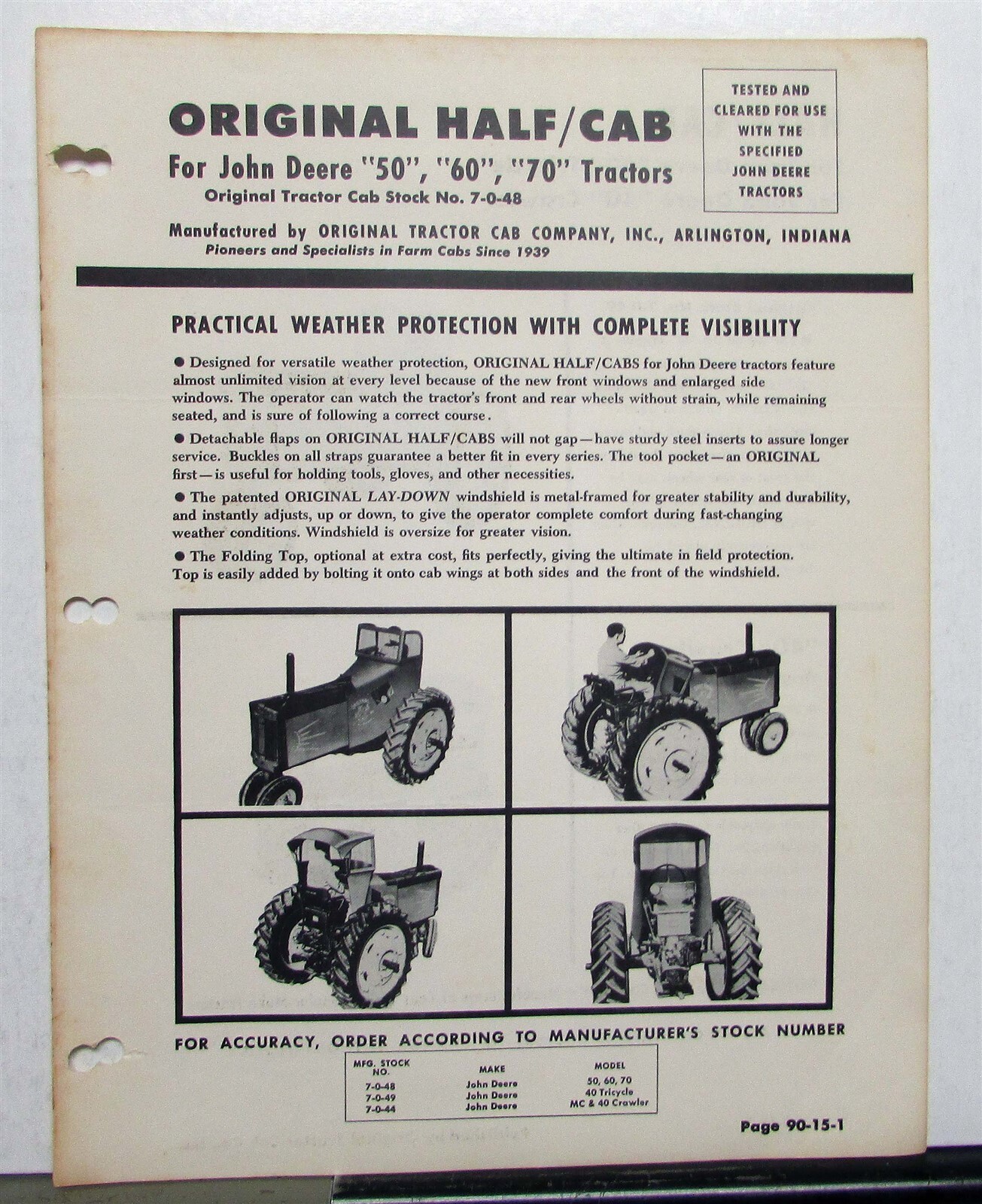 1952 Original Half Cab For John Deere Tricycle Crawler Specifications Data Sheet