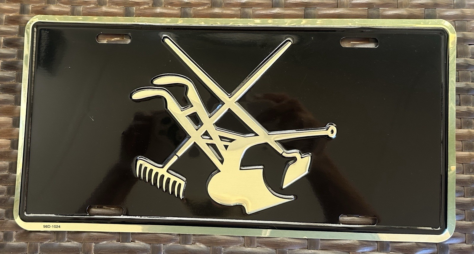 Vintage Farmers Union Embossed Metal Sign Plate Plow Rake Hoe NOS