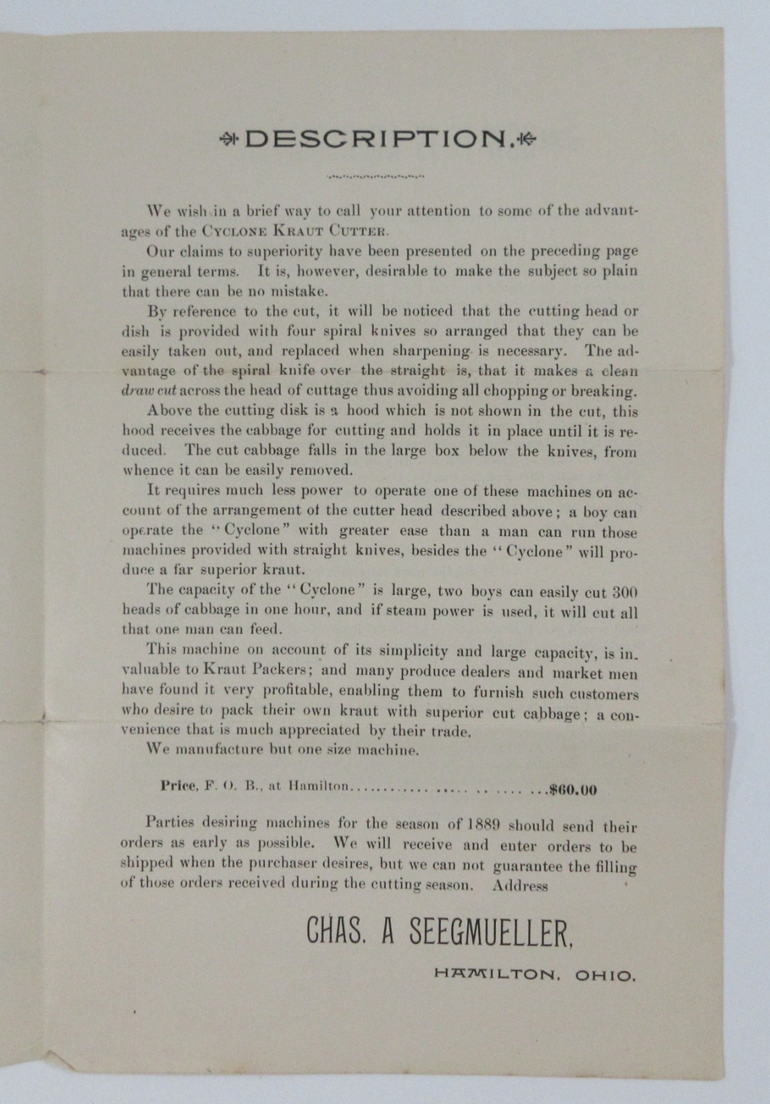 Cyclone Sauerkraut Cutter Brochure Farm Steam Engine Accessory Hamilton OH 1889
