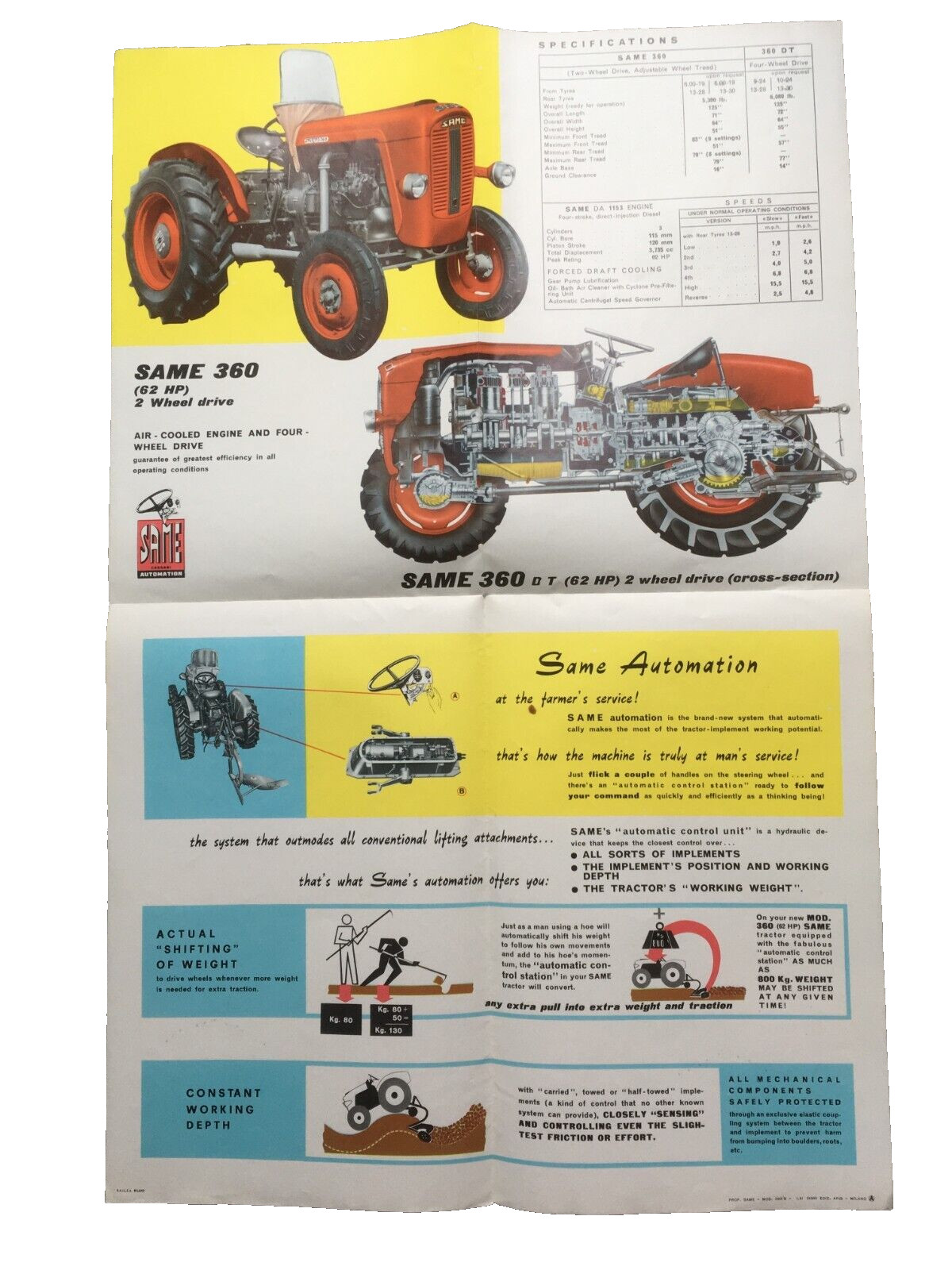 SAME Cassani 360 Four Wheel Tractor Color Brochure 8 pg. Original 1961 near-MINT