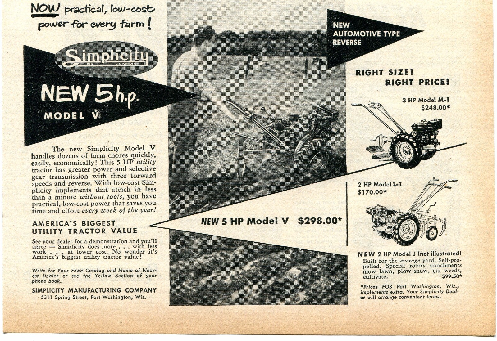 1953 small Print Ad of Simplicity 5hp Model V 3hp M-1 2hp L-1 Utility Tractor
