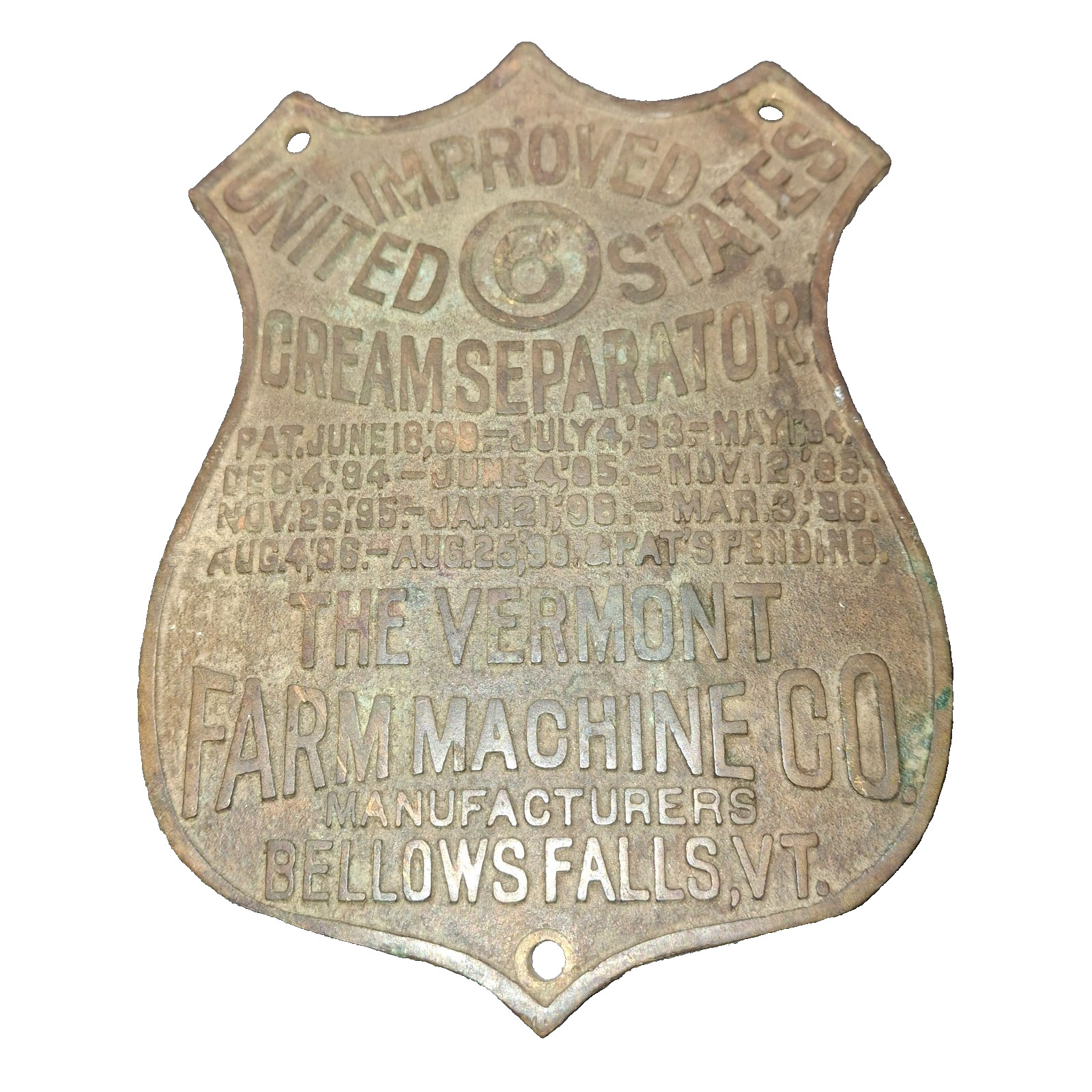 Late 1800s Vermont Farm Machine Dairy Cream Separator Brass Plate Tag Sign Badge