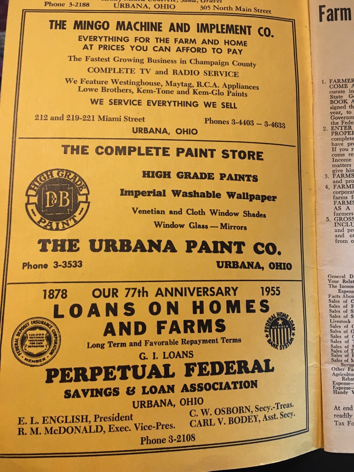 1954 URBANA OHIO FARM ACCOUNT BOOK-LOTS OF ADVERTISING