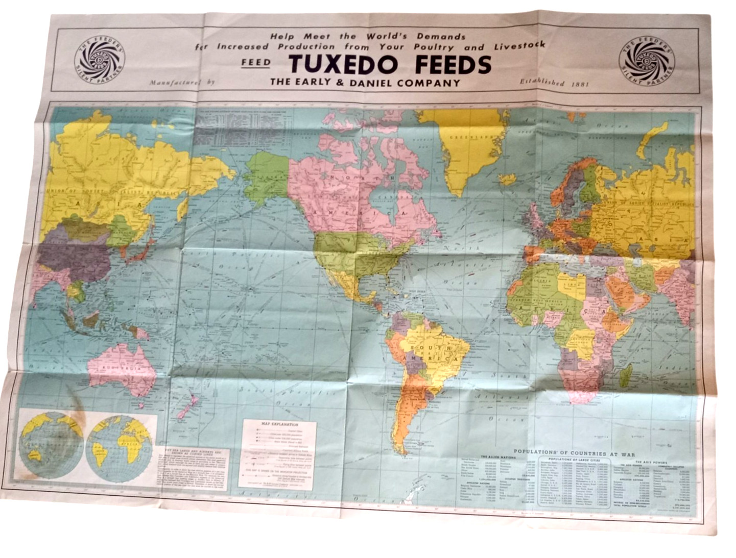 1940&rsquo;s Early & Daniel Company TUXEDO FEEDS H.M Goshen WWII Era World Map Poster