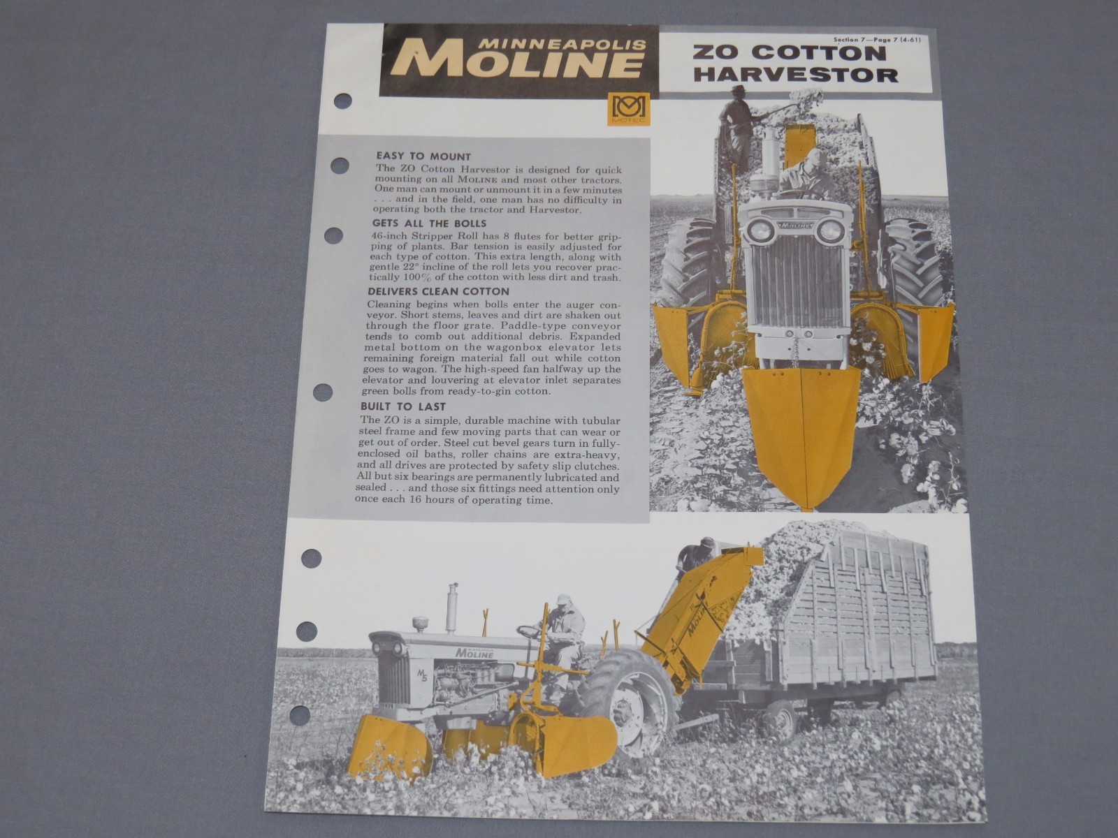 Vintage Minneapolis Moline ZO Cotton Harvester Picker Sales Brochure Catalog &rsquo;61