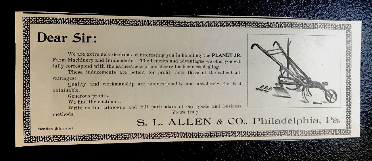 ORIGINAL 1897 S.L. Allen & Co. Farm Implement Advertising – Philadelphia