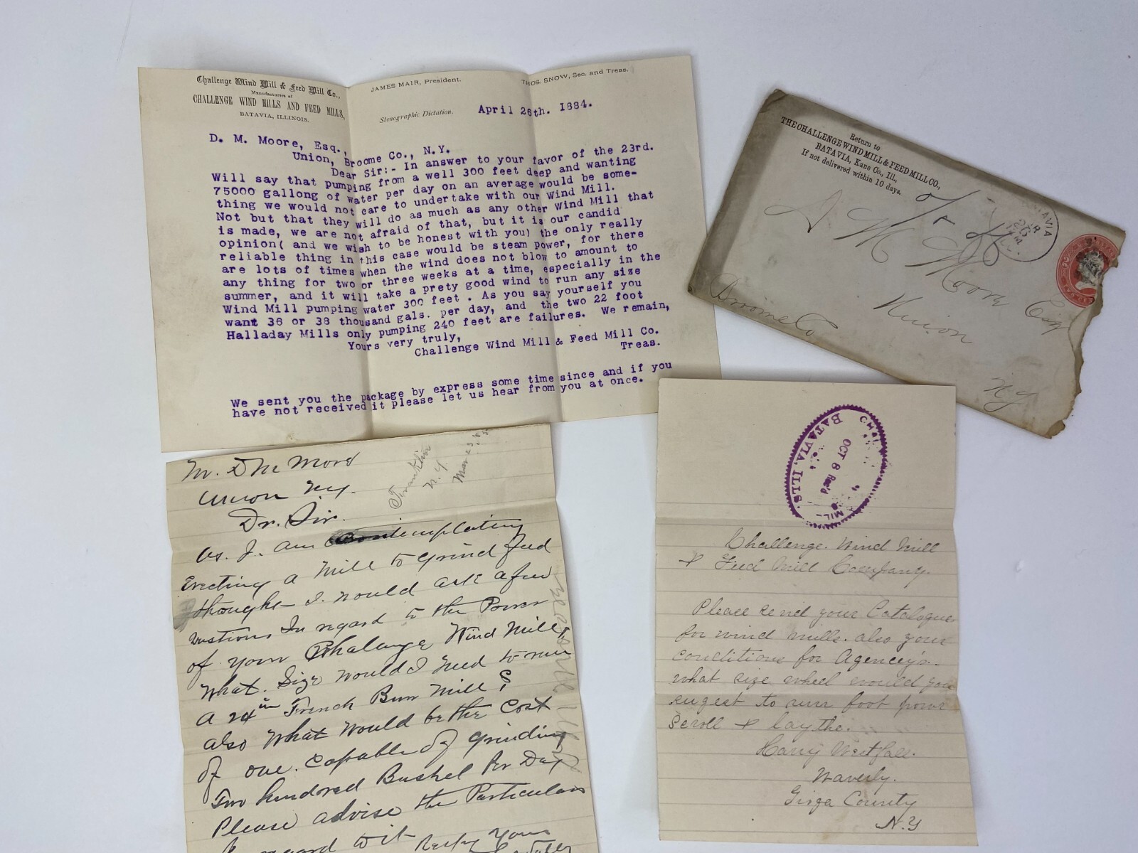 HUGE ARCHIVE Advertising Ephemera Letters – Challenge Wind Mill 1883- Batavia IL