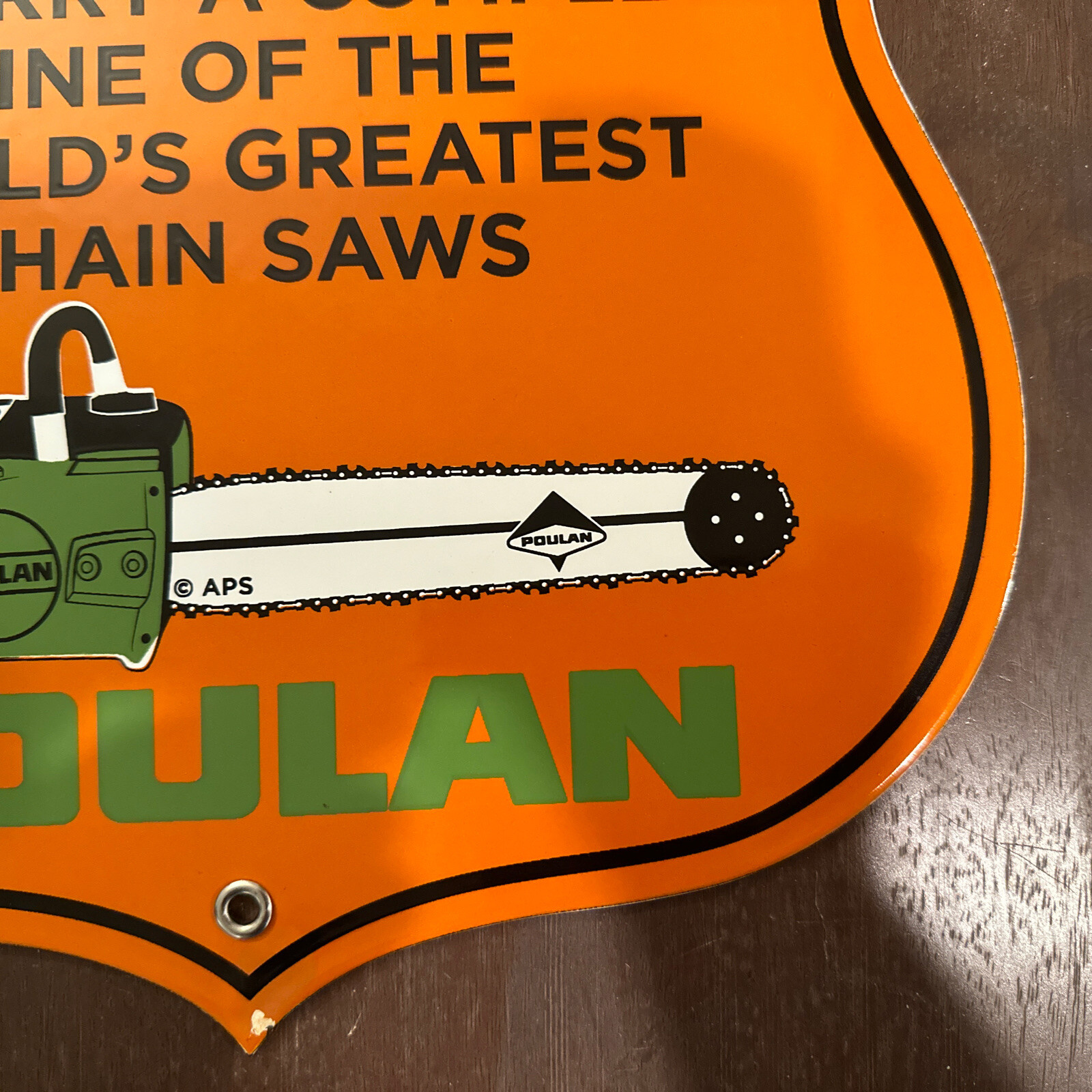 Vintage Porcelain Enamel Poulan Chainsaws Big Valley Ranchers CO-OP Stockton, CA
