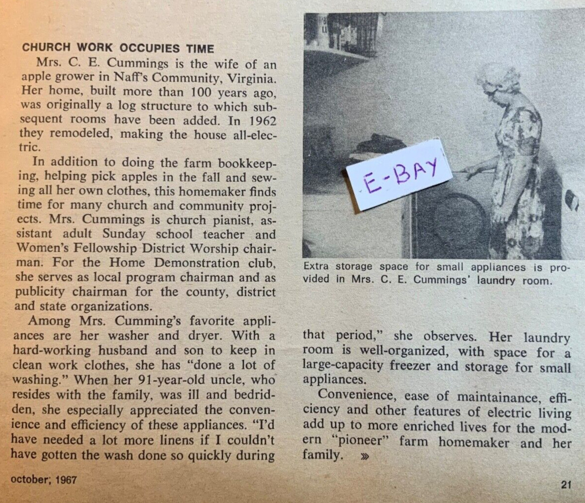 1967 Magazine Article. Mrs C. E. Cummings. Naff&rsquo;s Community, Virgina. Farm Wife
