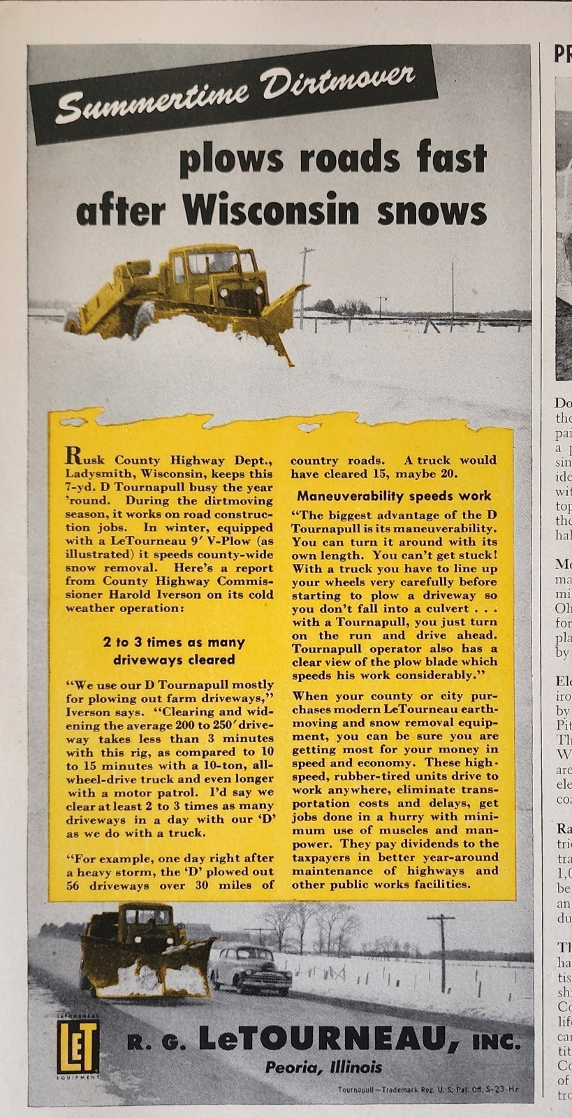 Snow Plow Tractor Plowing Picture Magazine Ad Original Vtg Wall Art Decor
