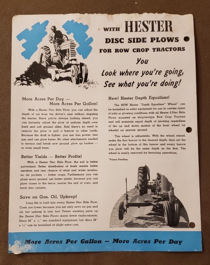 VINTAGE 1950s Hester MINN MOLINE Disc Plow Farm Advertising Literature Brochure