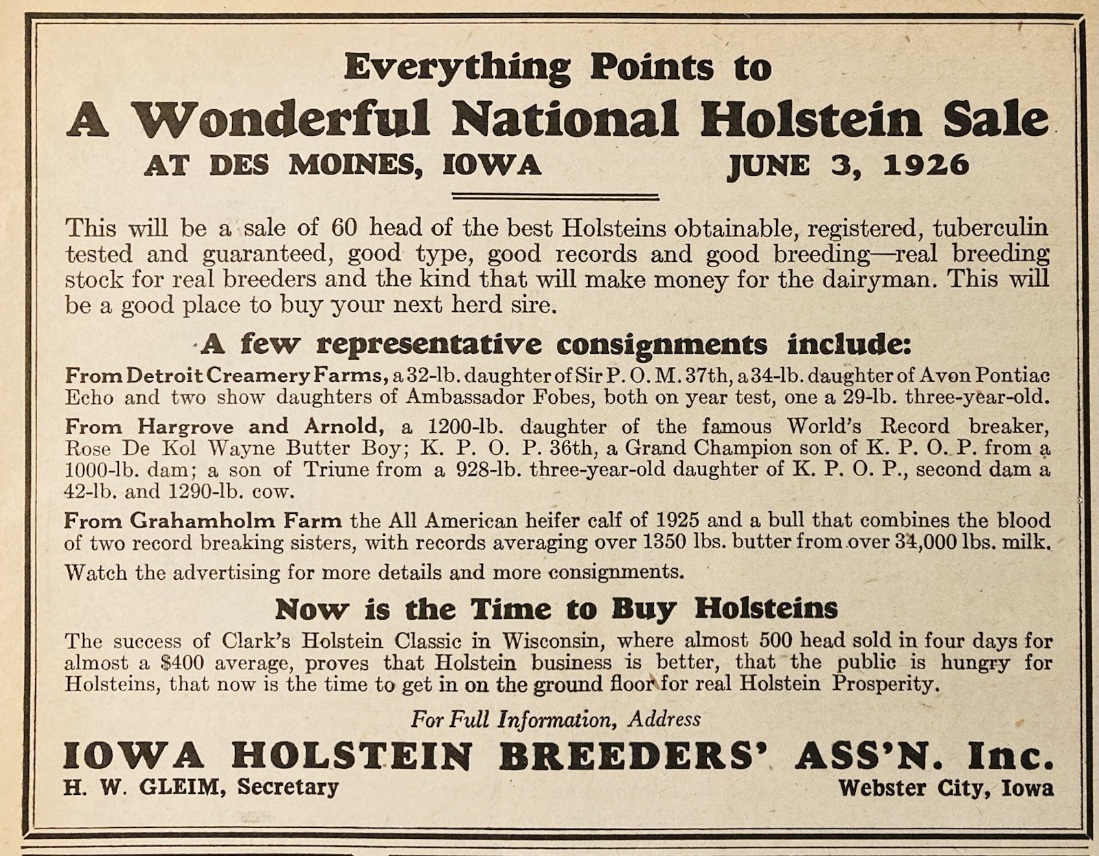 1926 AD.(XH82)~IOWA HOLSTEIN BREEDERS DISPERSAL SALE IN DES MOINES, IOWA.