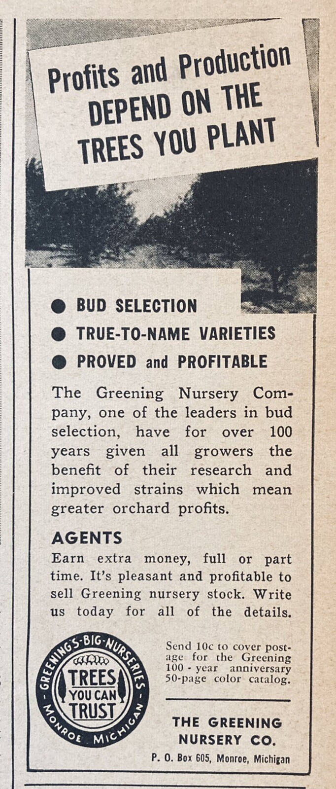1955 AD.(XG10)~THE GREENING NURSERY CO. MONROE, MI. “TREES YOU CAN TRUST”