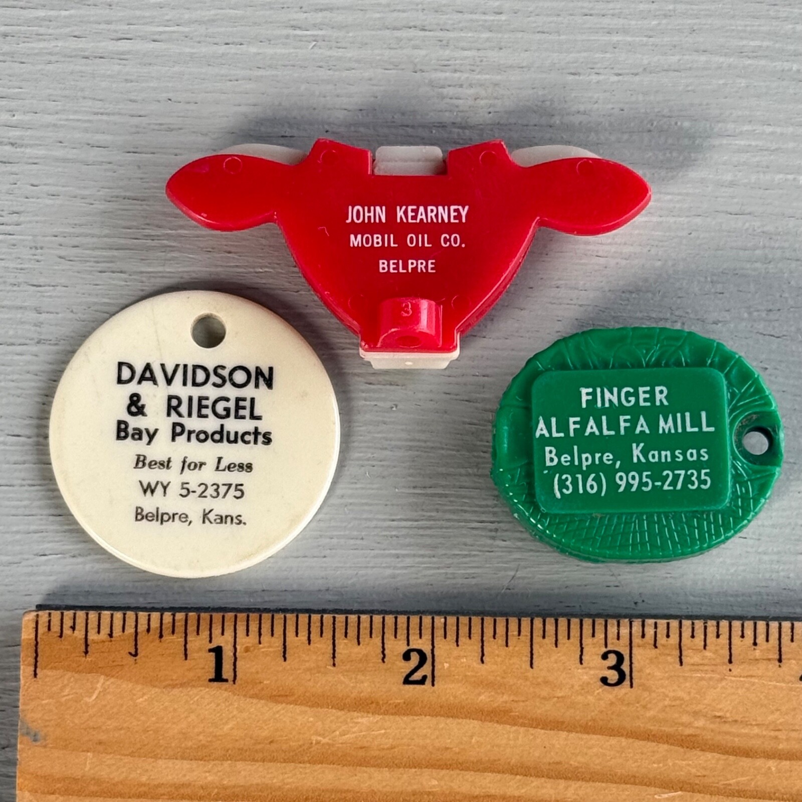 3 Vintage Advertising Keychains Belpre KS Kansas Alfalfa Mill Mobil Oil Bull Cow