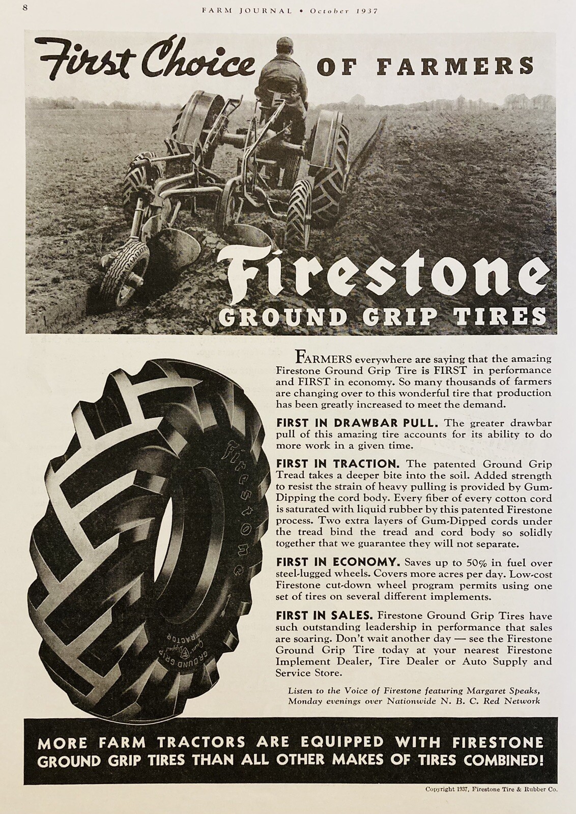 1937 AD.(XH81)~FIRESTONE TIRE & RUBBER CO. GROUND GRIP TRACTORS TIRES