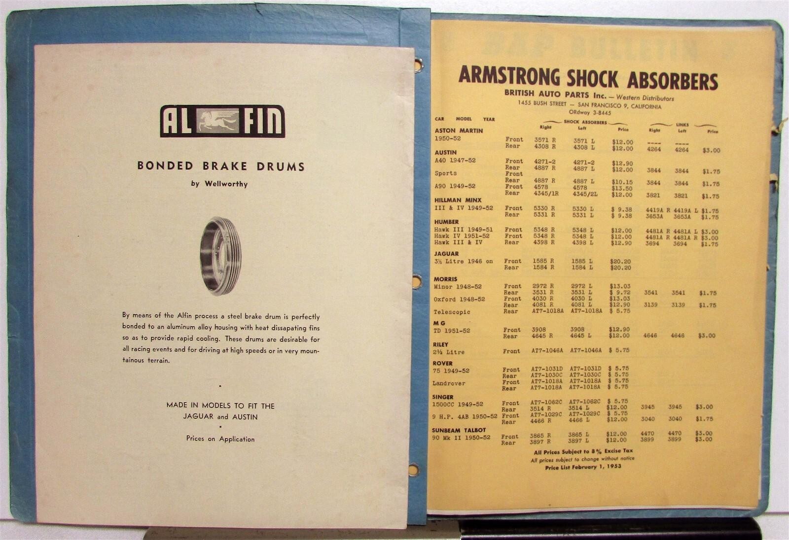 1954 British Auto Parts Bulletins Illustrated Parts & Price List Retail Catalog