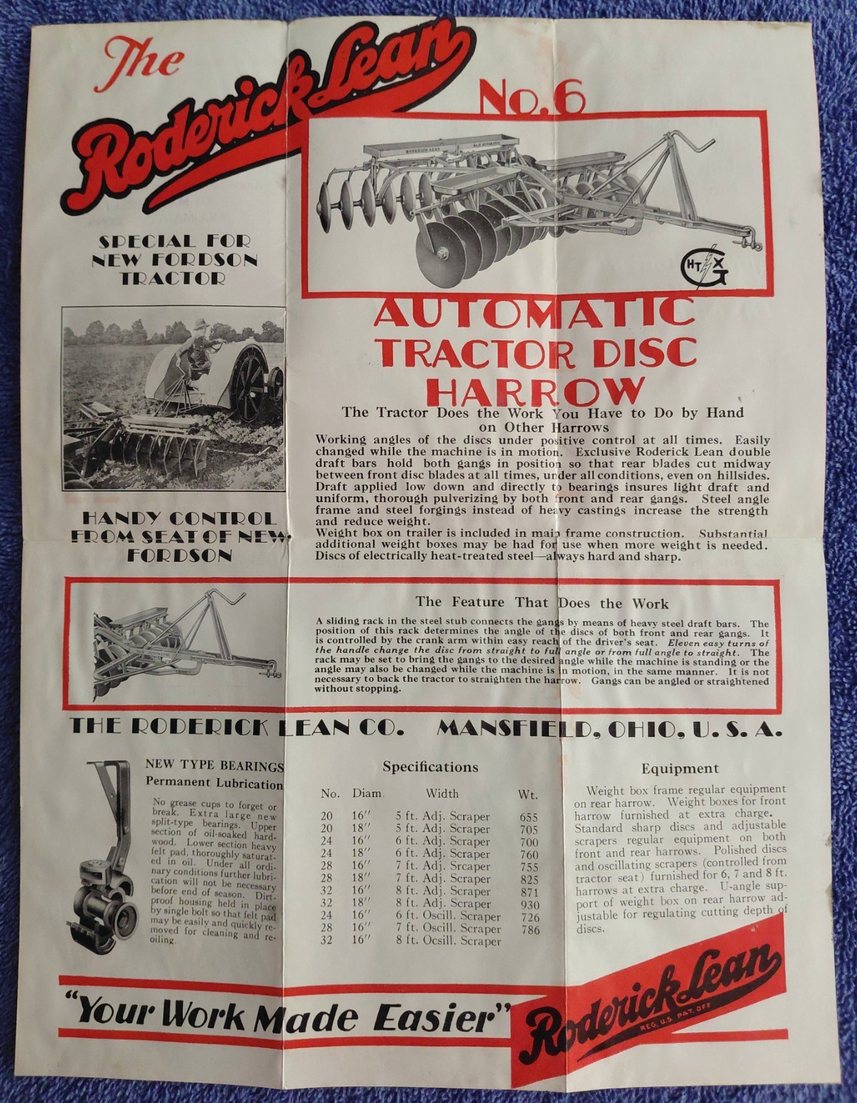 Roderick Lean No. 6 Automatic Tractor Disc Harrow Ad Fordson Dealer Brochure