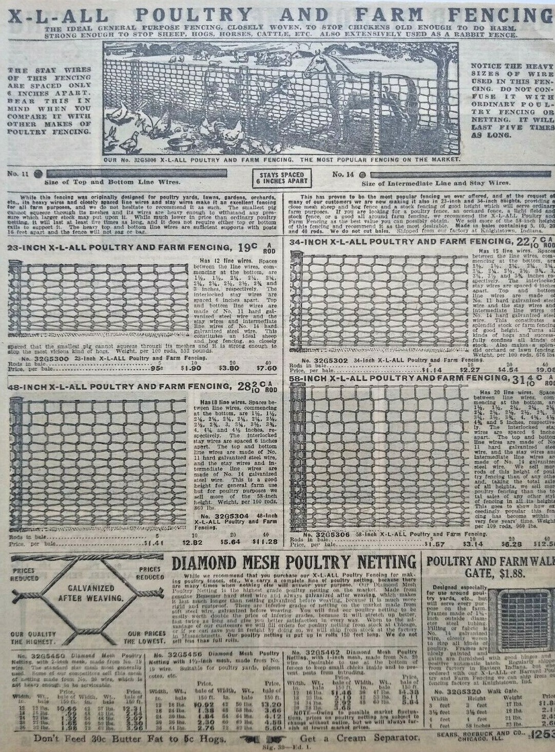 1911 Poultry Fencing Chicken Farming Art Sears Catalog Page Vintage Print Ad