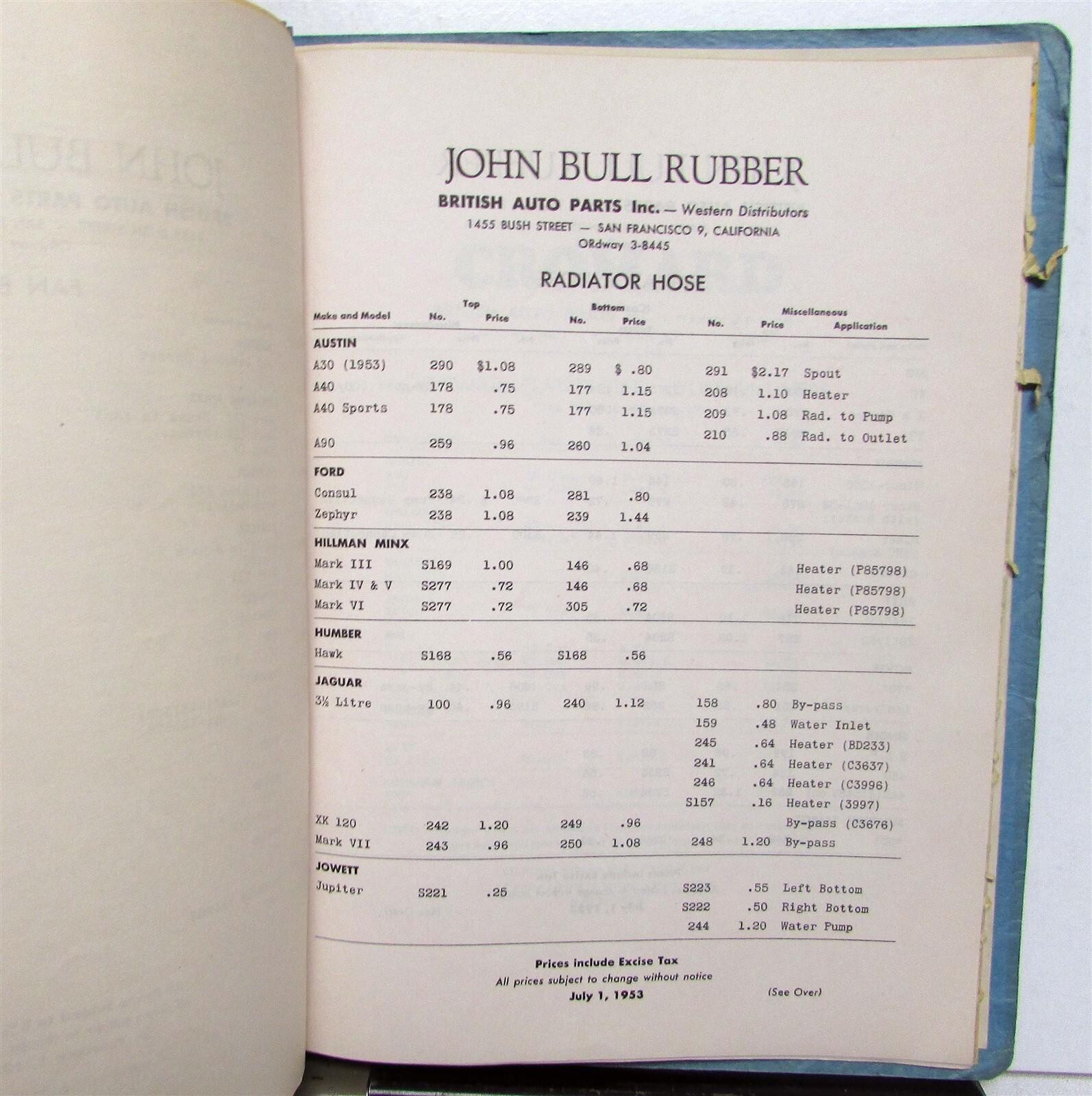 1954 British Auto Parts Bulletins Illustrated Parts & Price List Retail Catalog