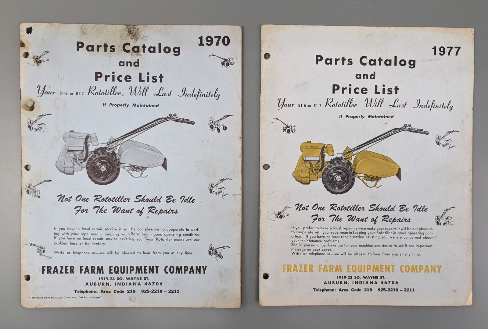 (2) Frazer Rototiller Factory Parts + Price Catalogs 1970 1977