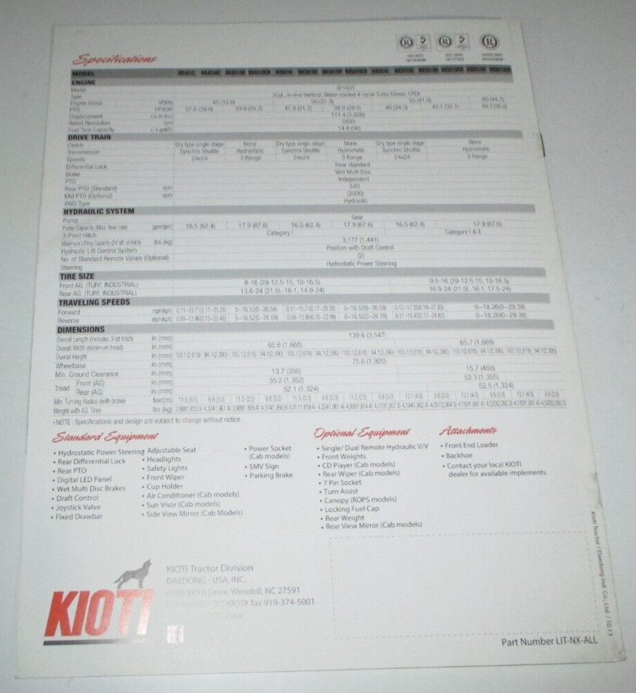 *Kioti NX Series Tractor Sales Brochure NX4510 NX5010 NX5510 NX6010 C/H/CH 10/13