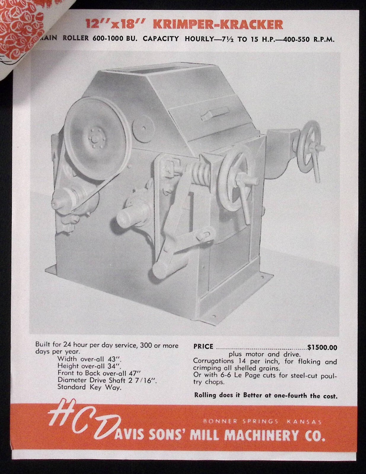 1954 Krimper Kracker Roller HC Davis Sons Mill Machinery Co Brochure