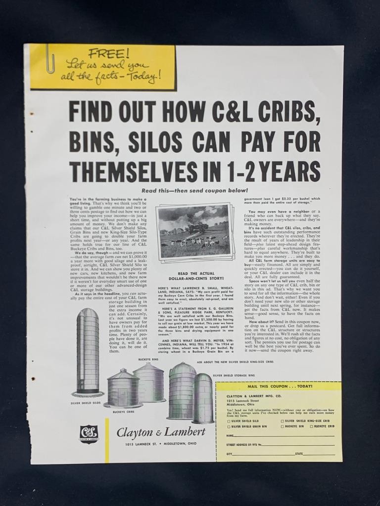 Magazine Ad* – 1955 – Clayton & Lambert Co., Middletown, OH – Cribs & Silos