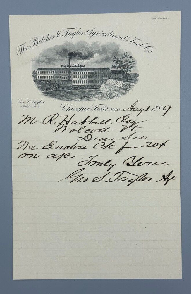 1889 BELCHER & TAYLOR Agricultural Tool FARM Stamp Letterhead CHICOPEE FALLS MA