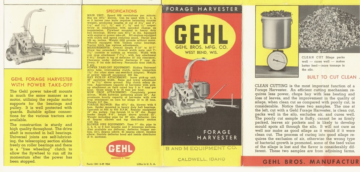 Gehl Bros. vintage 1949 brochure Forage Harvester; Caldwell, Idaho Equipment Co.