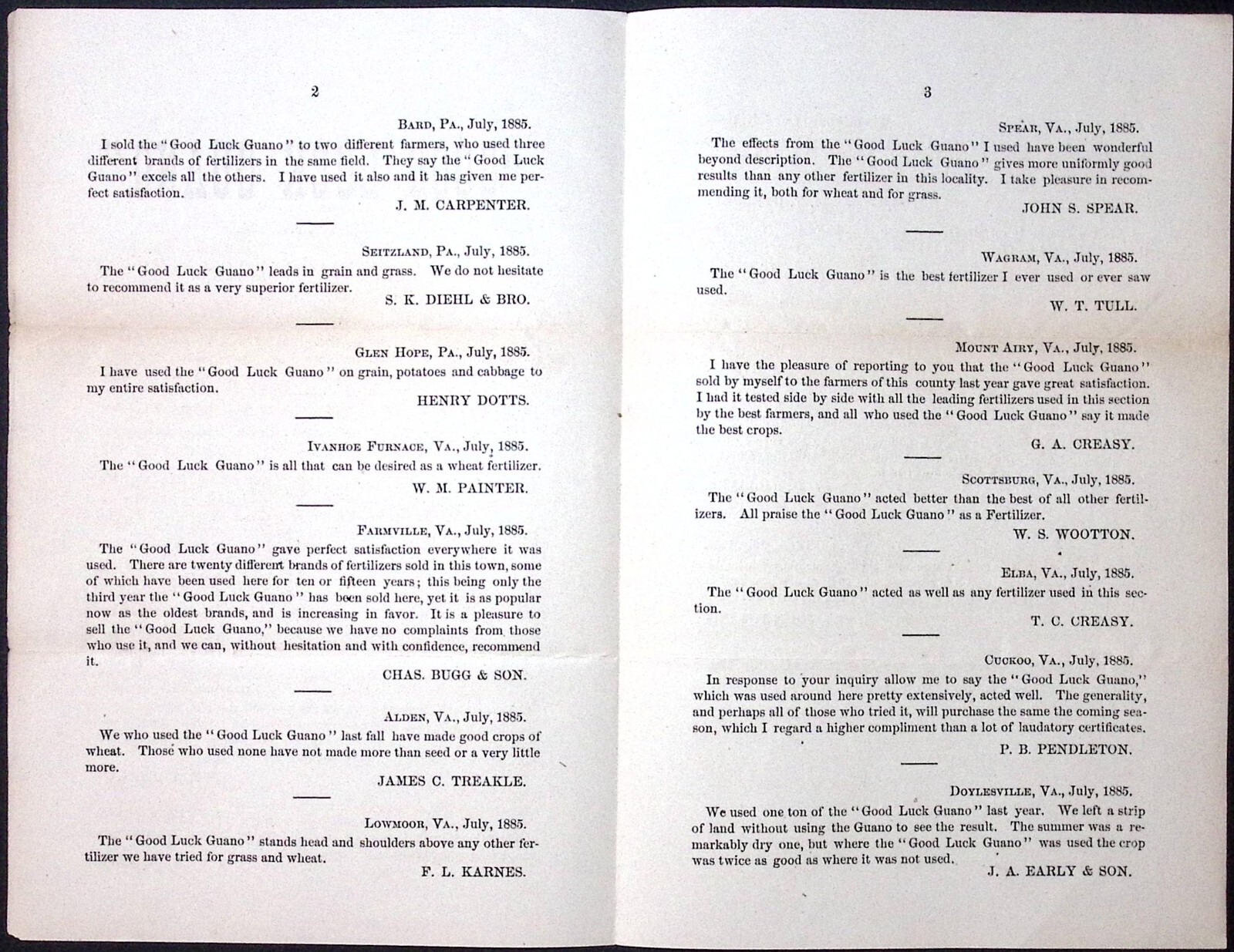 1880s Good Luck Guano Testimonials Print Ad Flyer Fertilizer Farming Gardening