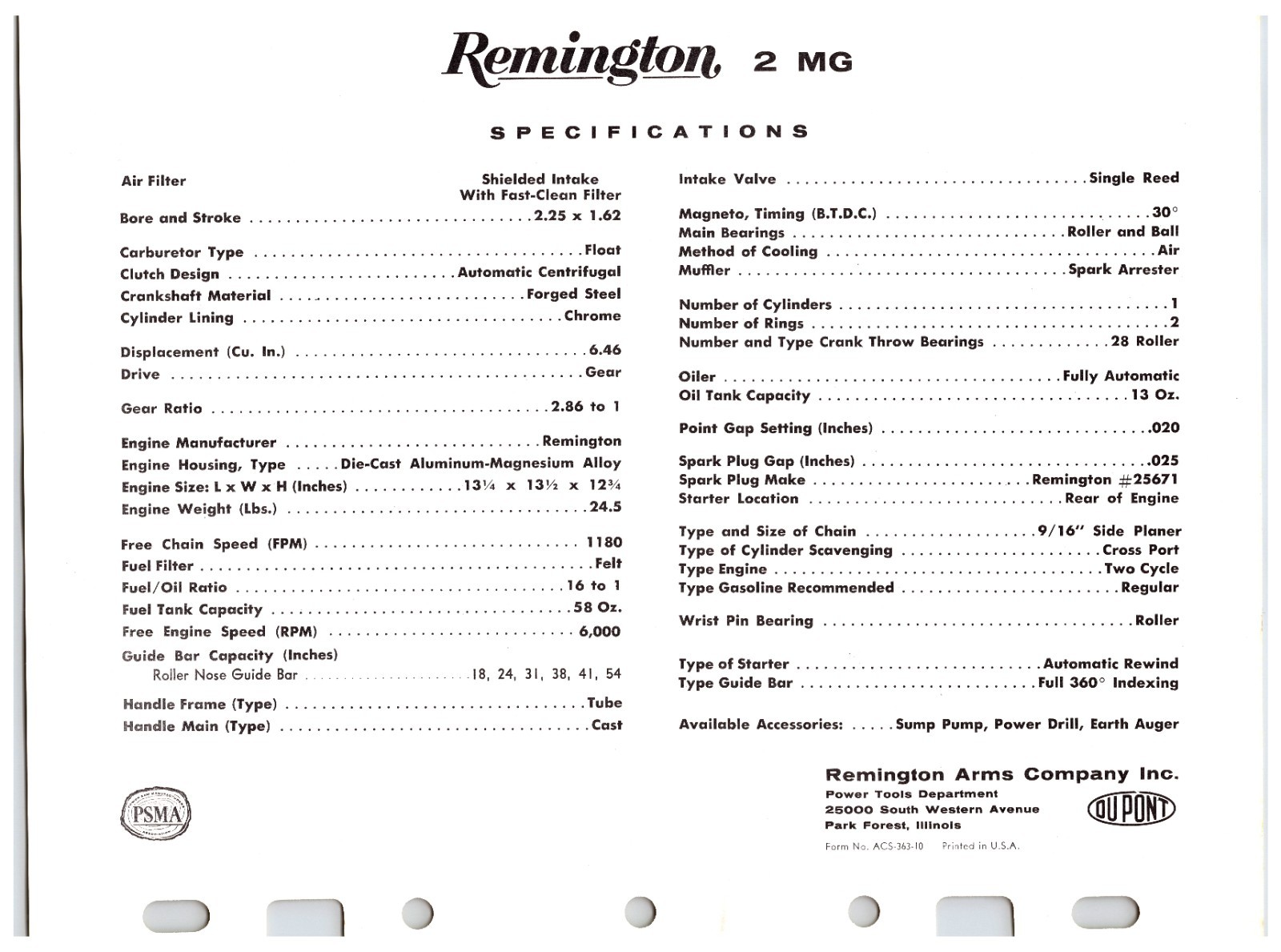 Vintage Original Remington Chainsaws Sales Sheet (Model – 2 MG) Info Sheet