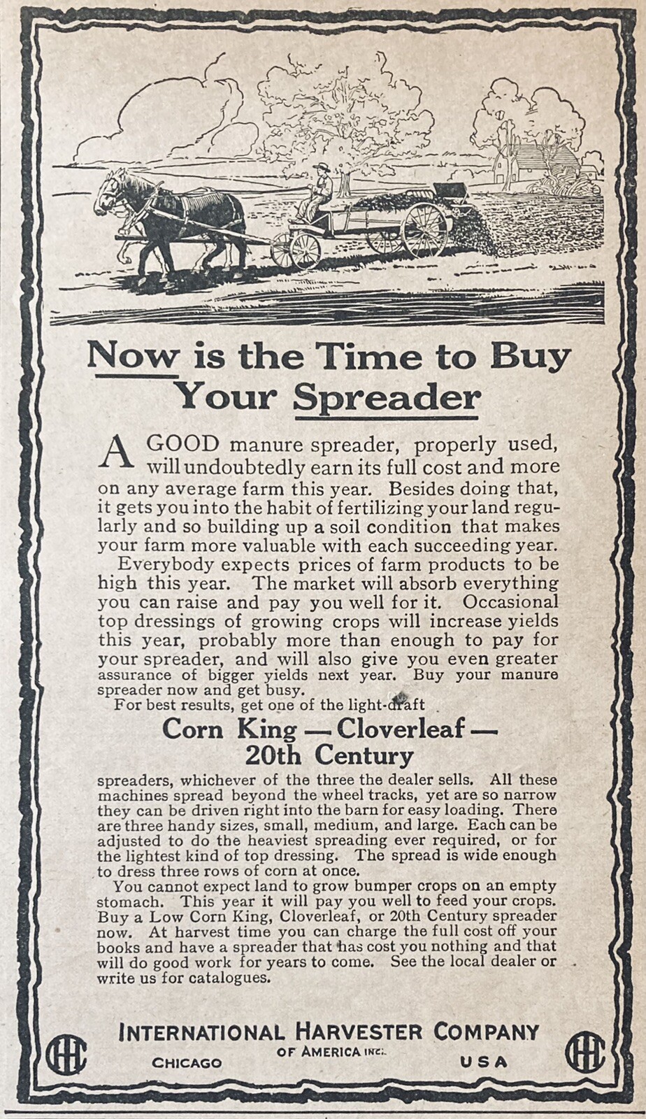 1919 AD(XH34)~INTERNATIONAL HARVESTER CORN KING, CLOVERLEAF MANURE SPREADERS