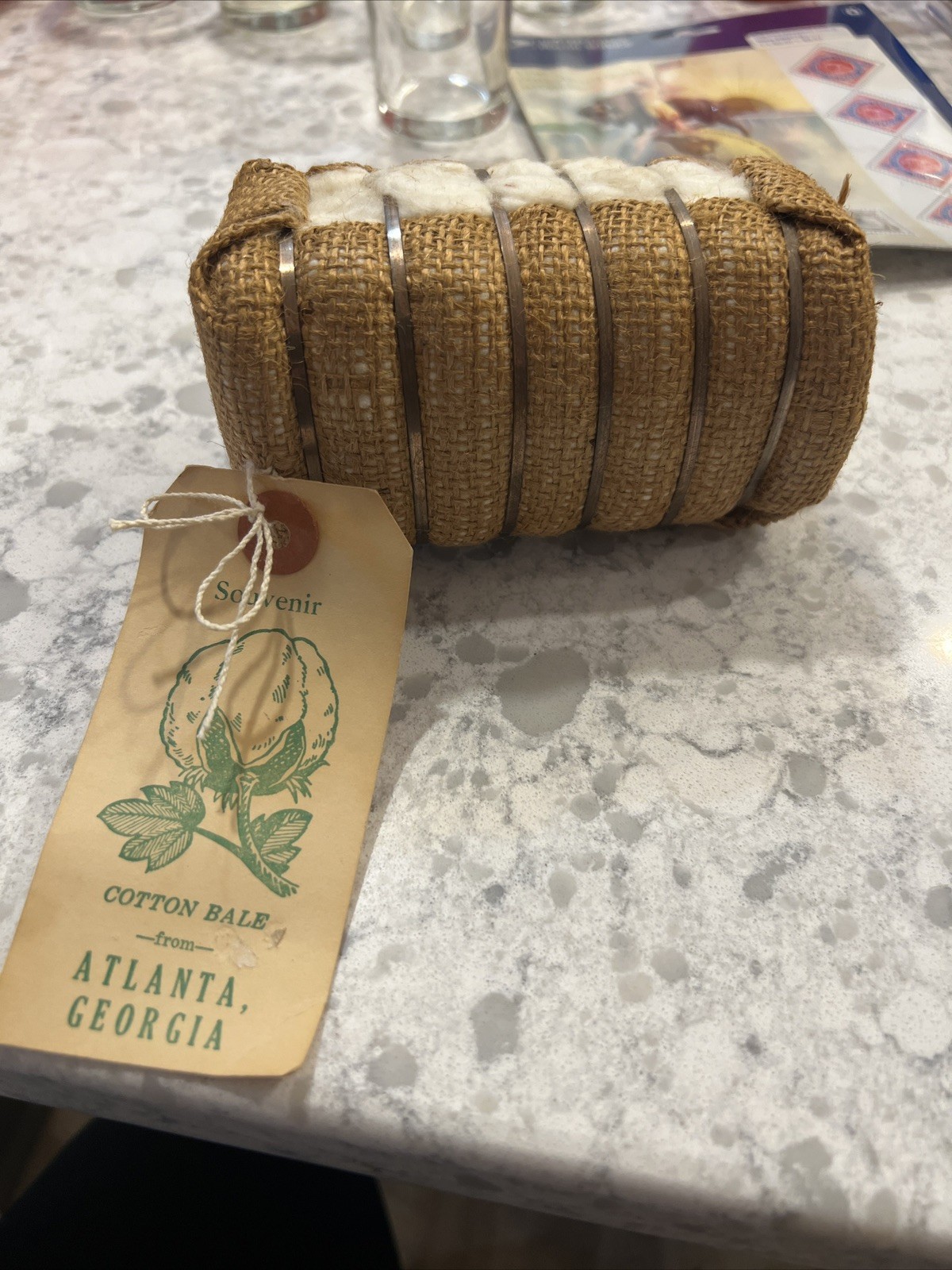 Vintage Miniature Souvenir Real Cotton Bale from Atlanta Georgia in Burlap w/Tag
