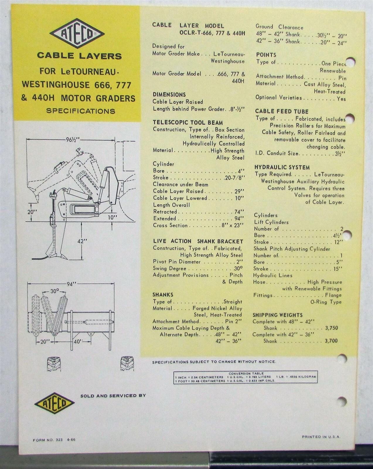 1966 ATECO Cable Layer 666 777 440H Tractor Construction Specs Sales Data Sheet
