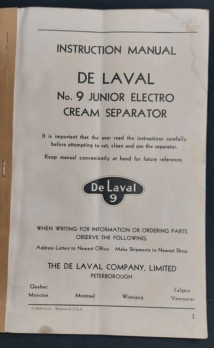 1952 Instruction Manual De Laval No. 9 Junior Electro Cream Separator Canada