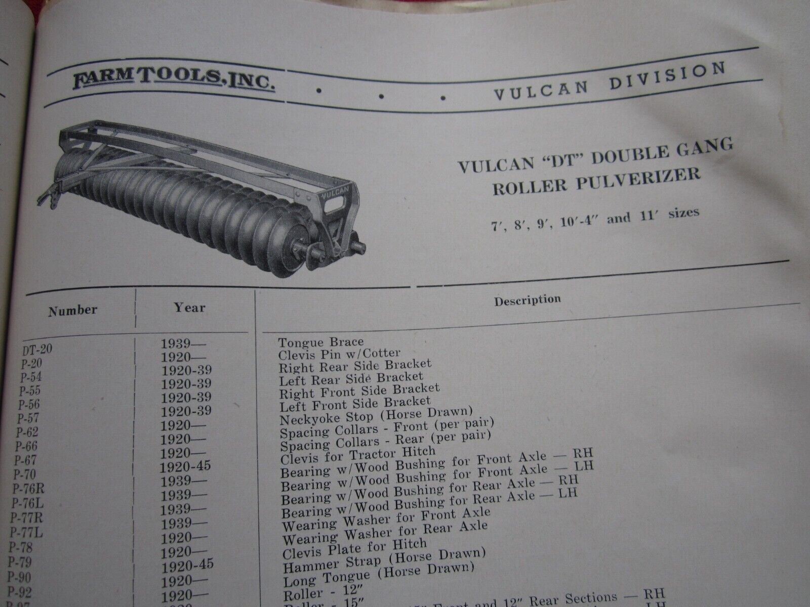1952 FARM TOOLS, INC HORSE DRAWN FARM IMPLEMENTS 70+ PAGE PARTS CATALOG MANUAL