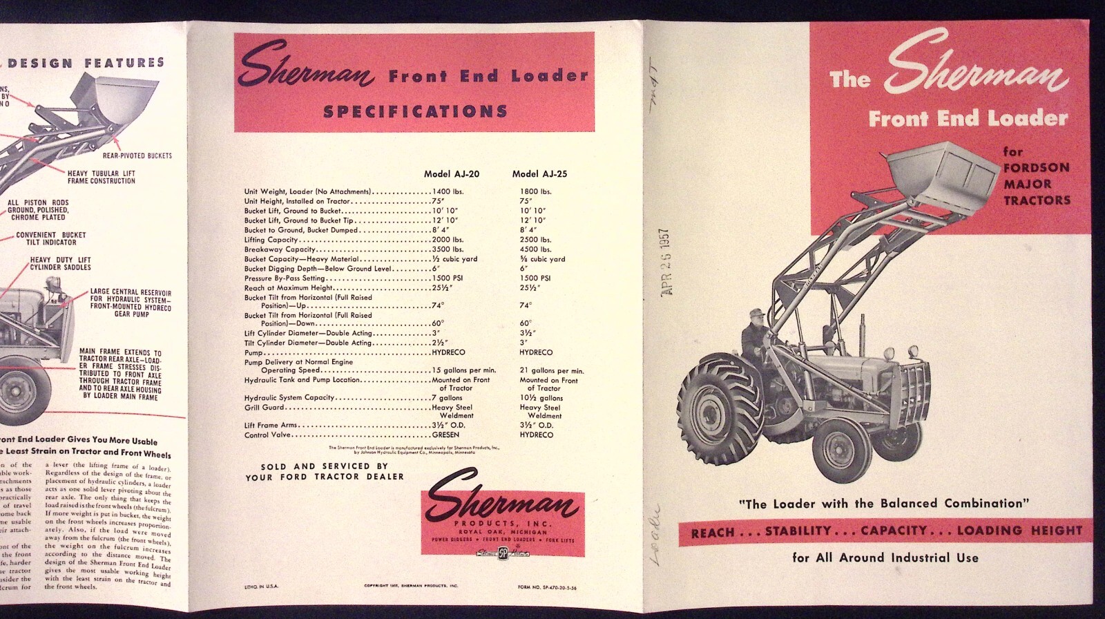 1957 Sherman Front End Loader Fold Out Dealer Sales Brochure Royal Oaks MI