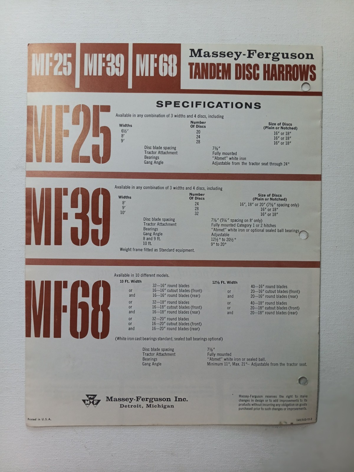 Vintage Massey Ferguson MF 25, 39, 68 Tandem Disc Harrows Dealer Brochure AD
