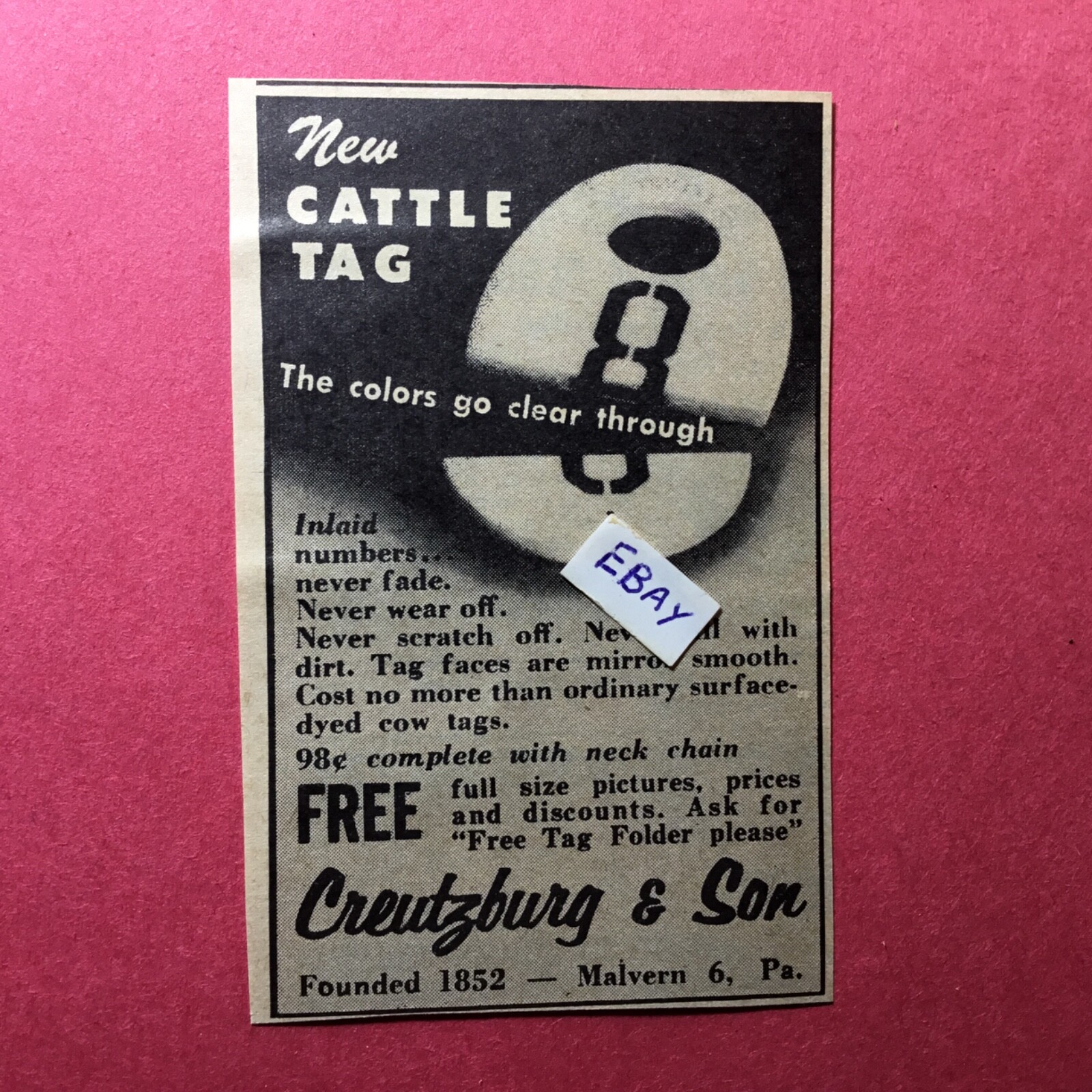 1965 Ad. Creutzburb & Son Cattle Tag. Malvern, Pa.